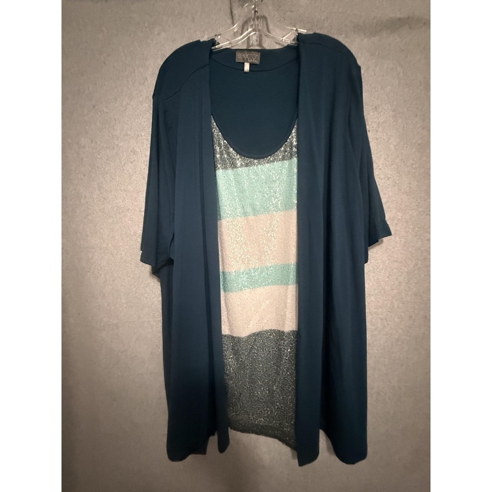 Ulla Popken Set Womens 32/34 Blue Sequin Stripe‎ Tank Cardigan 2 Piece Plus